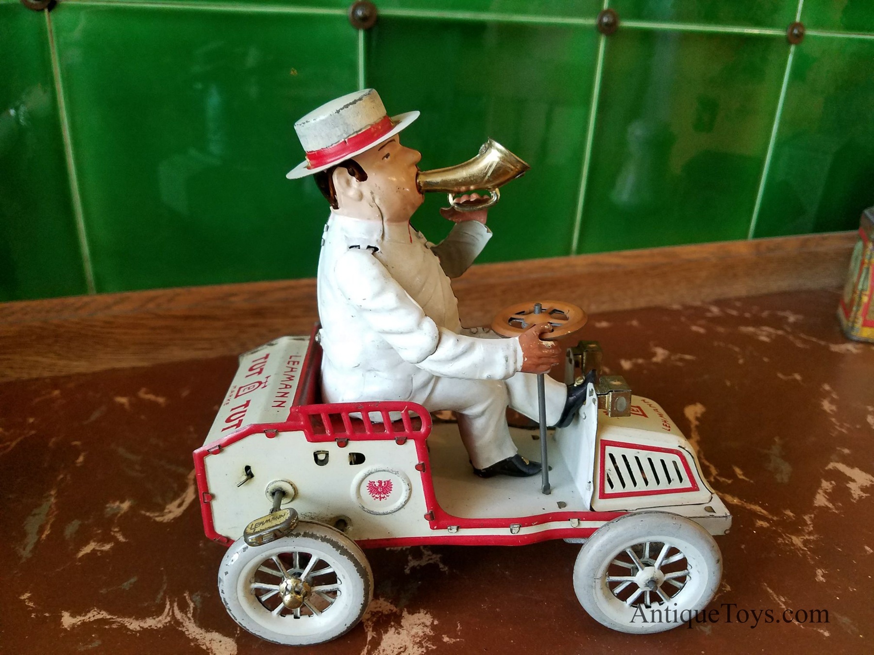 Lehmann Tut Tut Toot Toot In English Windup Tin Car Driver Toy German Sold Antique Toys For Sale