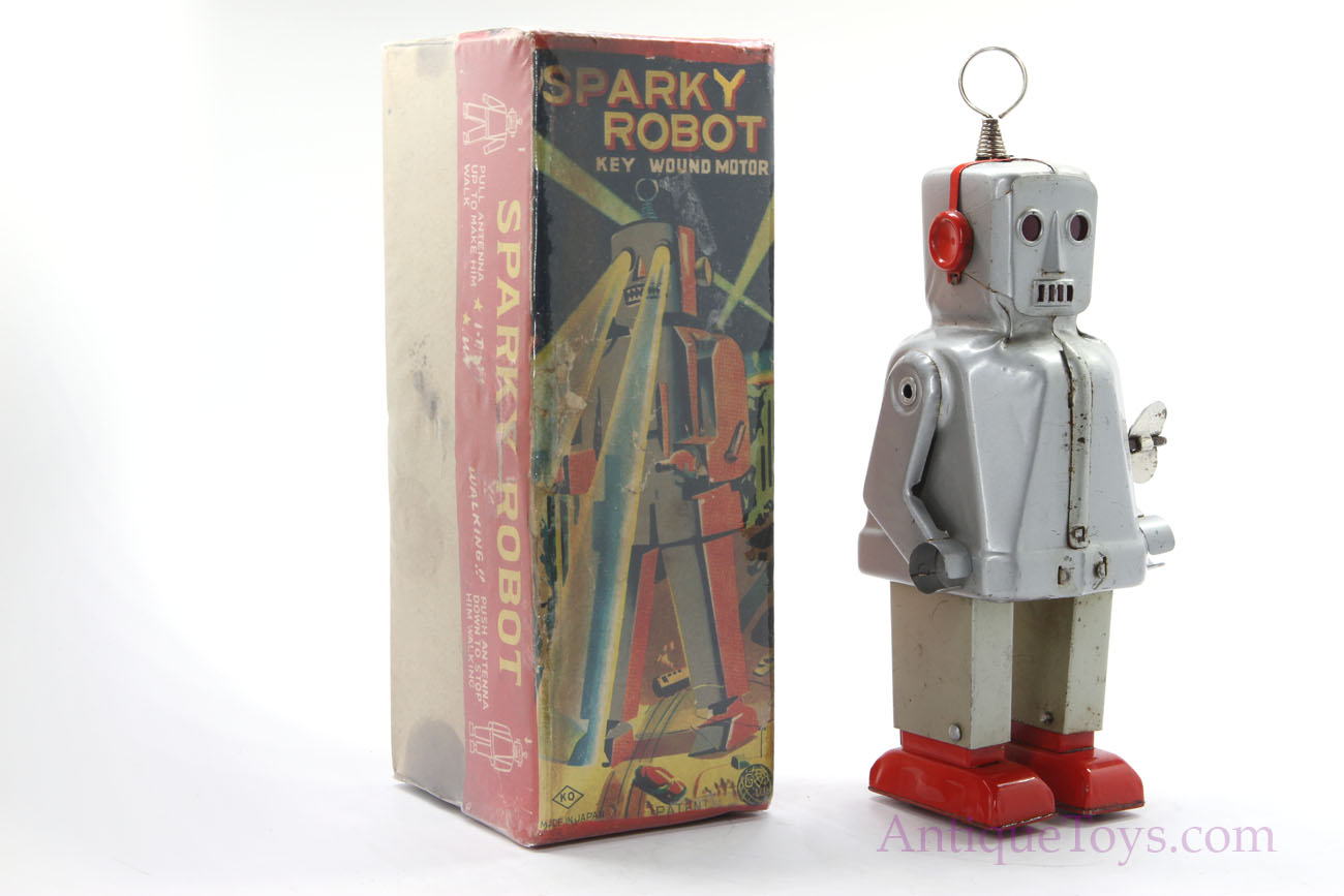 Sparky Tin Robot Toy with Key Wound Motor *SOLD* - AntiqueToys.com 