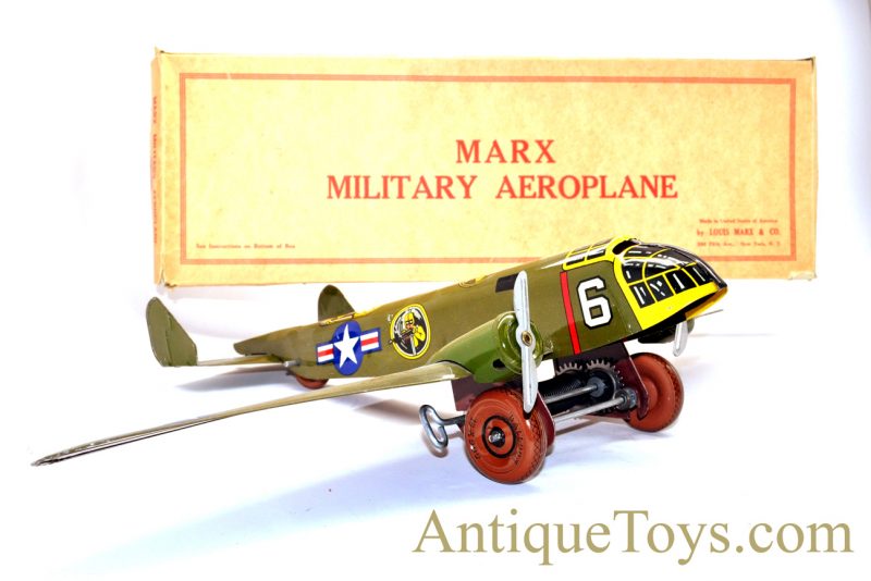 1950’s Marx Toys “Military Aeroplane” Tin Lithographed Windup U.S. Army Bomber Toy with Box <FONT COLOR="ff000 ">*SOLD*</font>