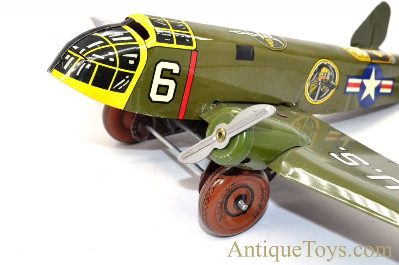 1950’s Marx Toys “Military Aeroplane” Tin Lithographed Windup U.S. Army Bomber Toy with Box <FONT COLOR="ff000 ">*SOLD*</font> - Image 12