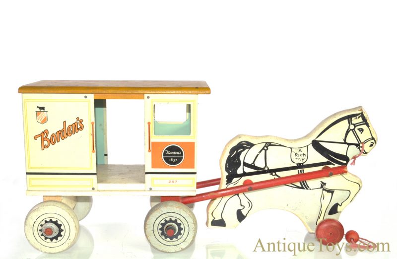 Vintage ca. 1930's Rich Toys Borden's Dairy #257 Golden Crest Pull Toy Horse & Wagon <FONT COLOR="ff000 ">*SOLD*</font>