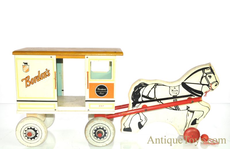 Vintage ca. 1930's Rich Toys Borden's Dairy #257 Golden Crest Pull Toy Horse & Wagon <FONT COLOR="ff000 ">*SOLD*</font> - Image 2