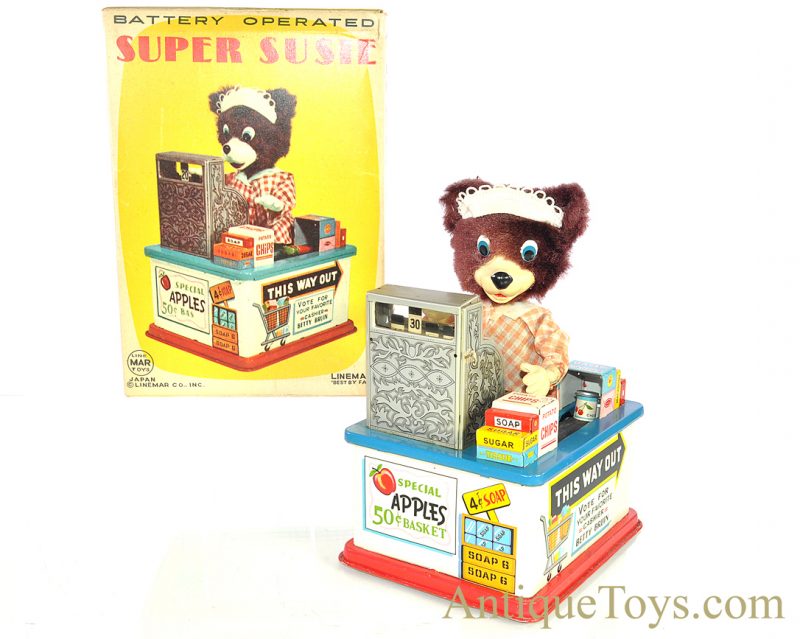 Rare Vintage Mint Linemar “Super Susie” #J-4670 Tin Lithographed Japanese Battery Operated Cashier Bear with Box for Sale <FONT COLOR="ff000 ">*SOLD*</font>