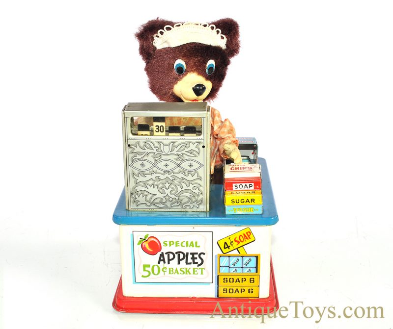 Rare Vintage Mint Linemar “Super Susie” #J-4670 Tin Lithographed Japanese Battery Operated Cashier Bear with Box for Sale <FONT COLOR="ff000 ">*SOLD*</font> - Image 4