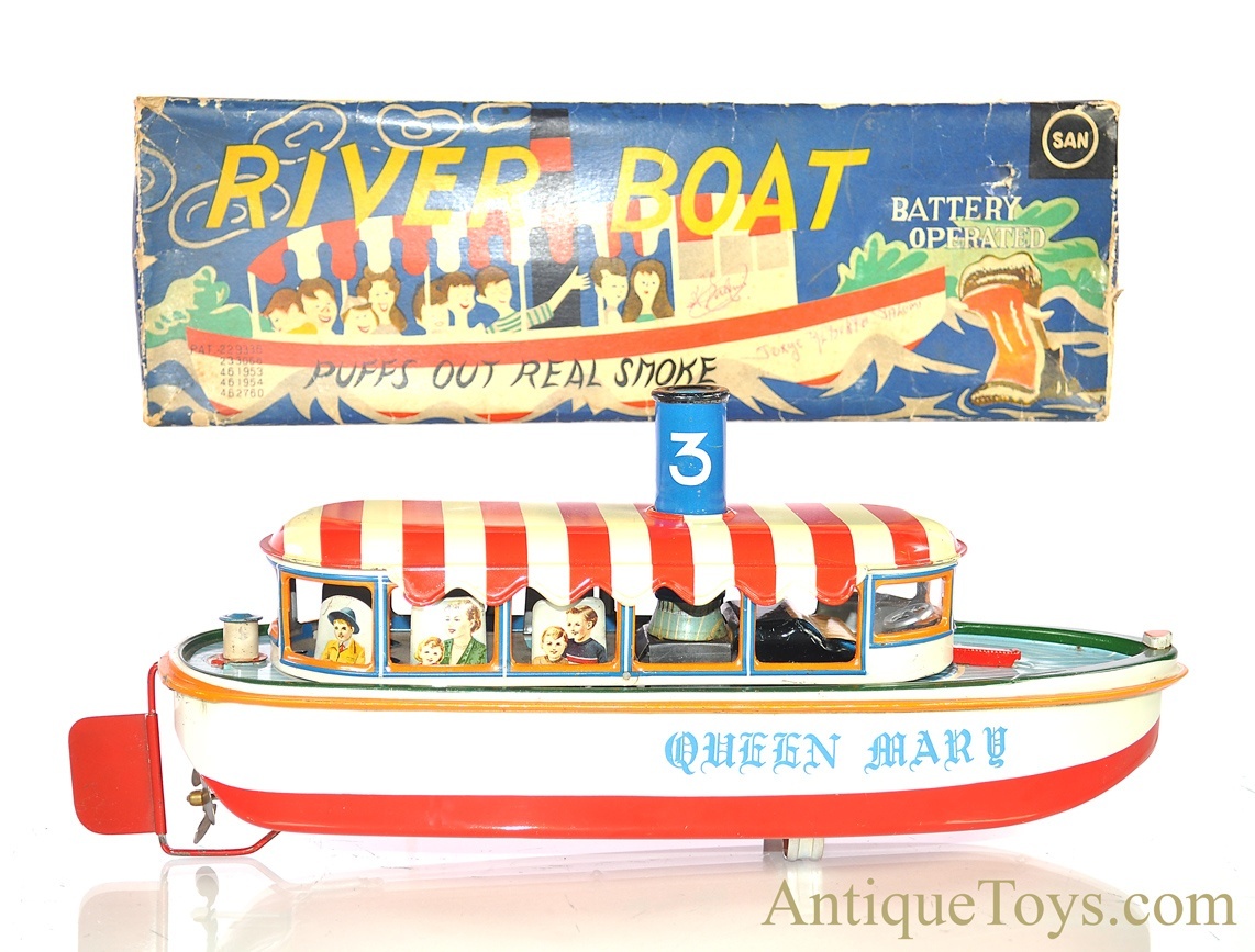 Marusan SAN Battery Operated Japanese Tin Lithographed “River Boat” Queen  Mary Ship with Box *SOLD* -  - Antique Toys for Sale