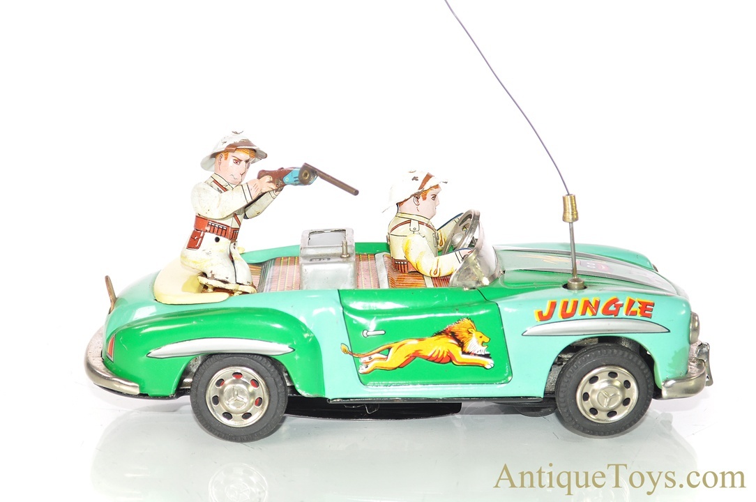 Sanshin Battery Operated Tin Lithographed Jungle Pioneer Car