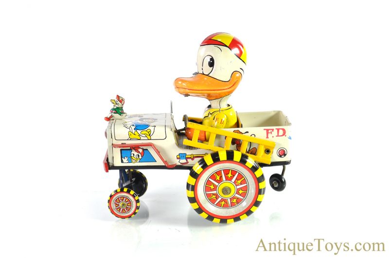 Linemar Marx Tin Lithographed Windup “Mechanical Fire Chief Donald Duck” Crazy Action Fire Truck Engine Disney Japanese Toy for Sale