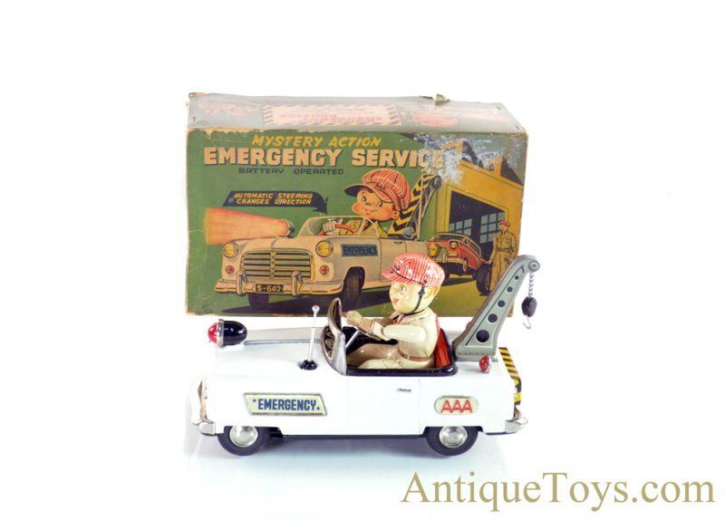 Nomura (TN) Tin Lithographed Battery Operated “Mystery Action Emergency Service” AAA Tow Truck Japanese Toy with Box <FONT COLOR="ff000 ">*SOLD*</font>