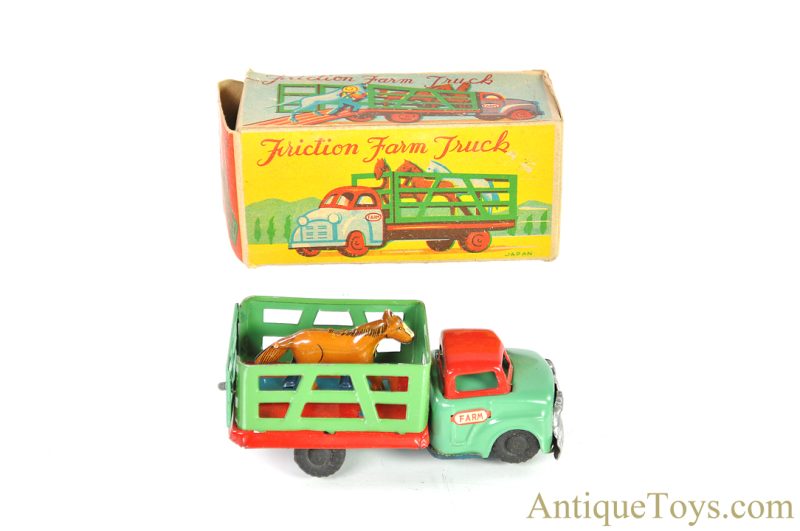 Japanese Tin Lithographed "Friction Farm Truck" Stake Truck with Box <FONT COLOR="ff000 ">*SOLD*</font>