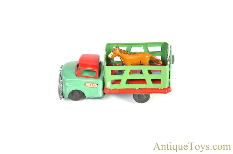 Japanese Tin Lithographed "Friction Farm Truck" Stake Truck with Box <FONT COLOR="ff000 ">*SOLD*</font> - Image 3