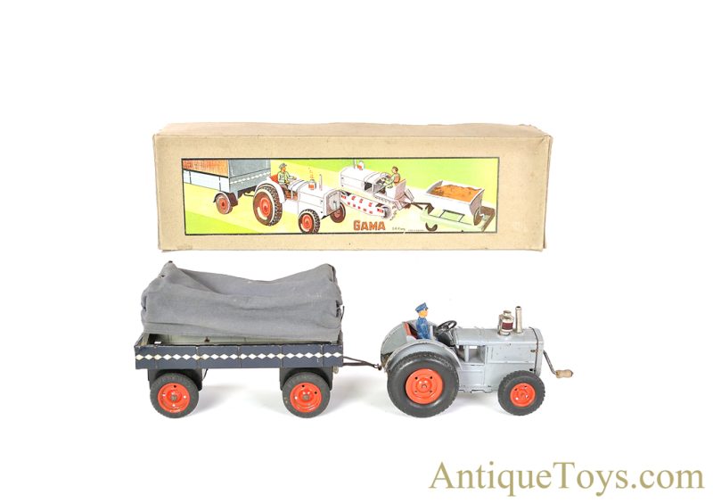 Gama Toys ca. 1937 Tin Lithographed Clockwork 78/2 Tractor with Covered Trailer in Box German Toy for Sale <FONT COLOR="ff000 ">*SOLD*</font>