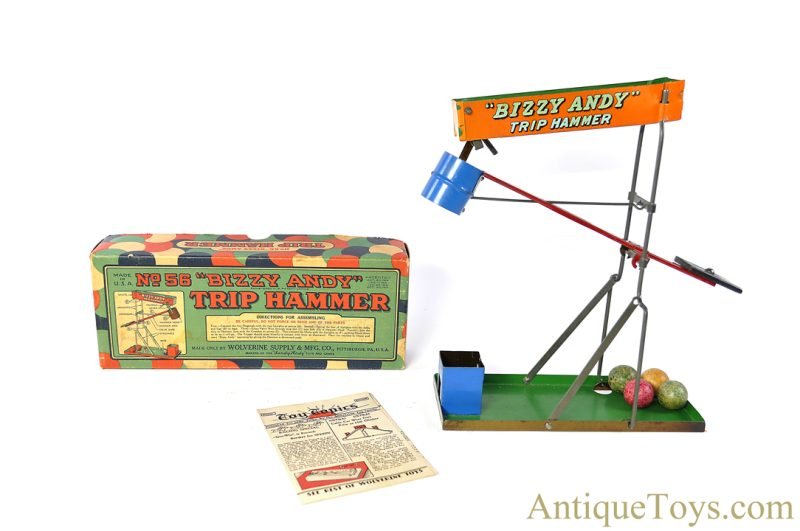 Wolverine Supply & Mfg. Tin Lithographed No. 56 "Bizzy Andy Trip Hammer" Sandy Andy Toy in Box <FONT COLOR="ff000 ">*SOLD*</font>