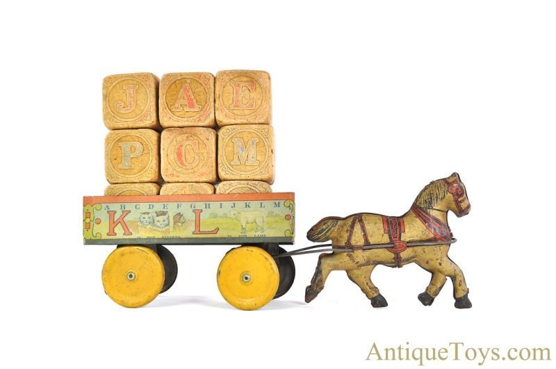 Ohio Art Company ca. 1928 Tin Lithographed ABC Wagon with Antique Wooden ABC Blocks <FONT COLOR="ff000 ">*SOLD*</font>