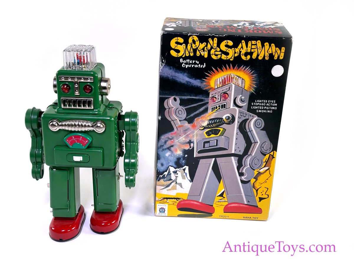HaHa Toy Tin Lithographed Battery Op. “Smoking Spaceman” TR2011 Green  Edition with Box for Sale